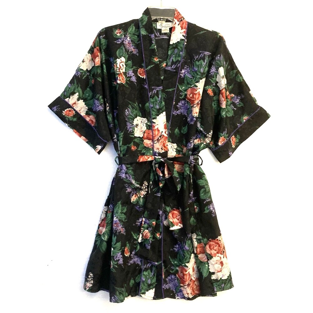 Vtg J.O. Intimates Womens Kimono Robe L Black Floral Short Slv